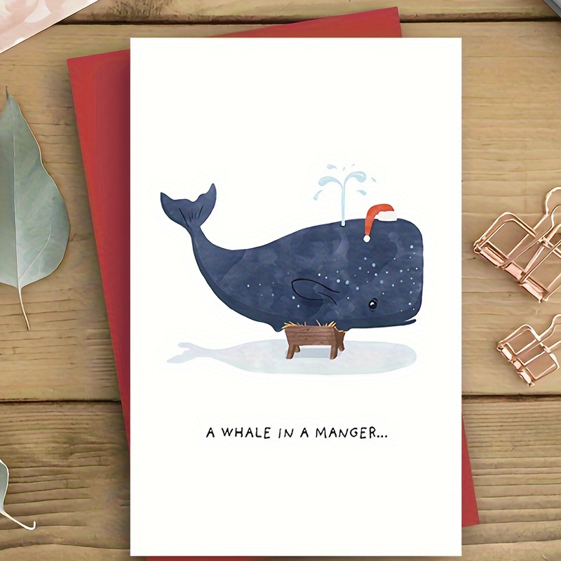 

1pc, Christmas Whale In Manger Card, Holiday Greeting, 4.25x5.5 Inches, Humorous , Family & Friends, Christmas Gift Card