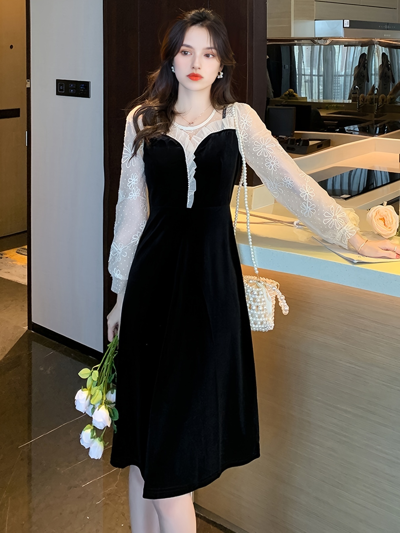 Contrast Lace Ruffle Trim Dress Elegant Crew Neck 3/4 Sleeve - Temu