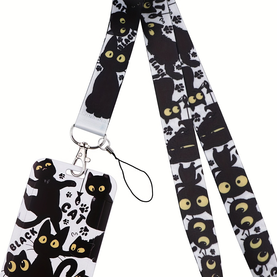 

Black Cat Design Polyester Lanyard Set With Id Card Holder, Wrist Strap, And Keychain - Accessory For Gym, Mobile Phone, Usb Badge