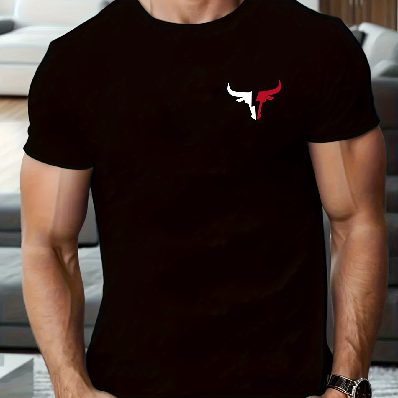 

Bull Head Logo Print Tee Shirt, Tees For Men, Casual Short Sleeve T-shirt For Summer