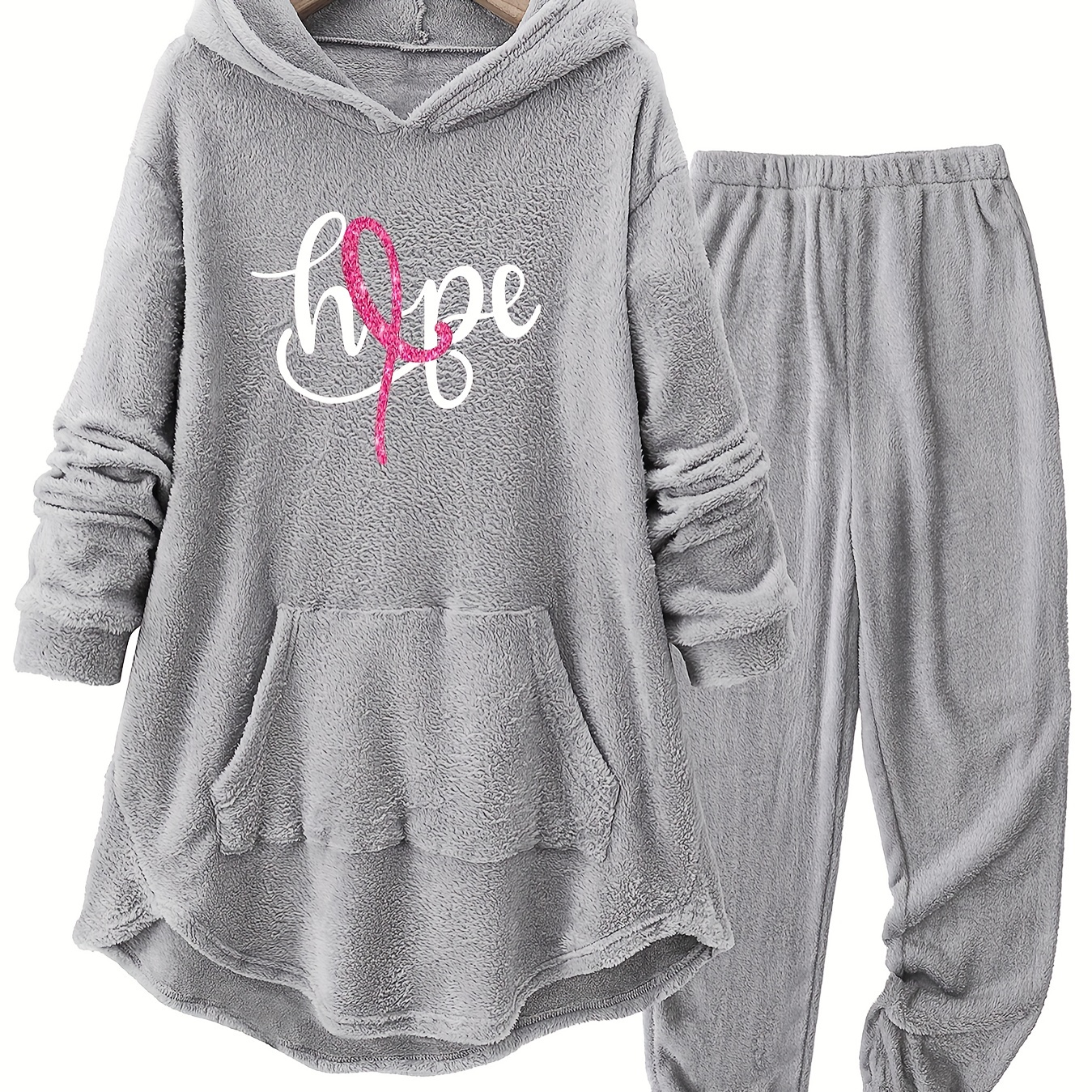 

Plus Size Hooded Co-ord Set With Pocket Detail - 100% Polyester Fleece Loungewear, Comfortable Knit Fabric With Slight Stretch, With Regular Sleeve And Printed Design