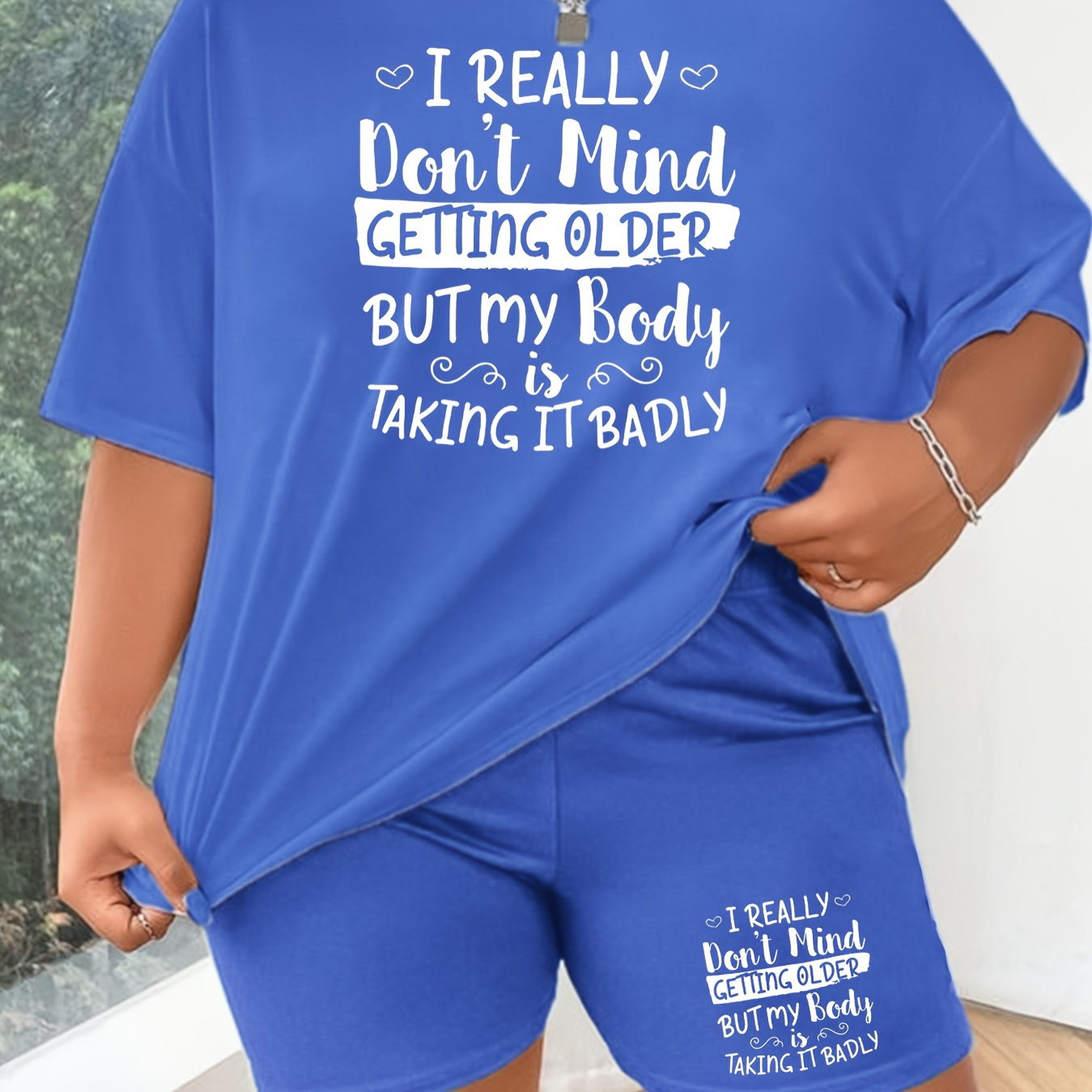 

2pcs Plus Size Letter Print Casual Sports Set, Round Neck Short Sleeves T-shirt & Shorts Sporty Suit, Women's Activewear