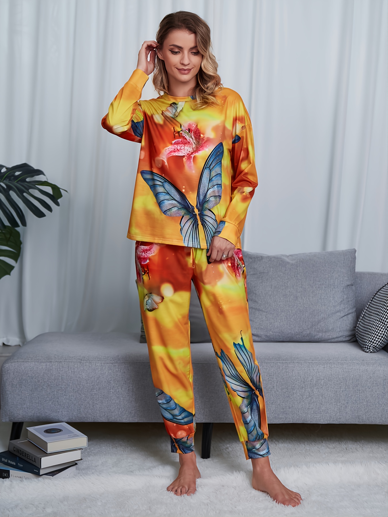 Women Home Simple Commuter Pants Suit Winter New Tie-dye Long Sleeve O-neck  T-shirt With Comfortable Leggings