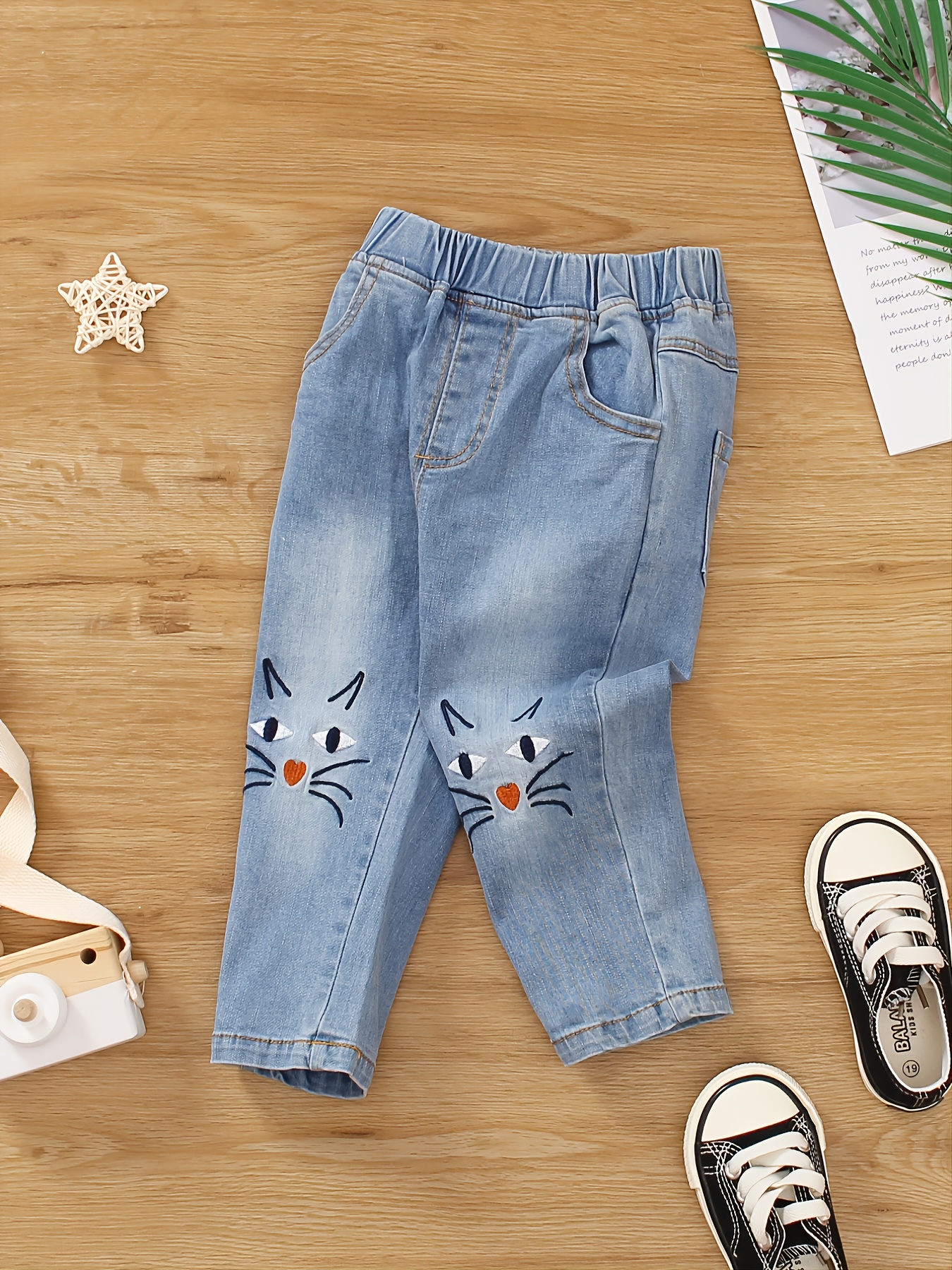Girls Cartoon Embroidered Jeans Cute Kids Casual Denim Pants, Trousers for Spring and Autumn,Temu