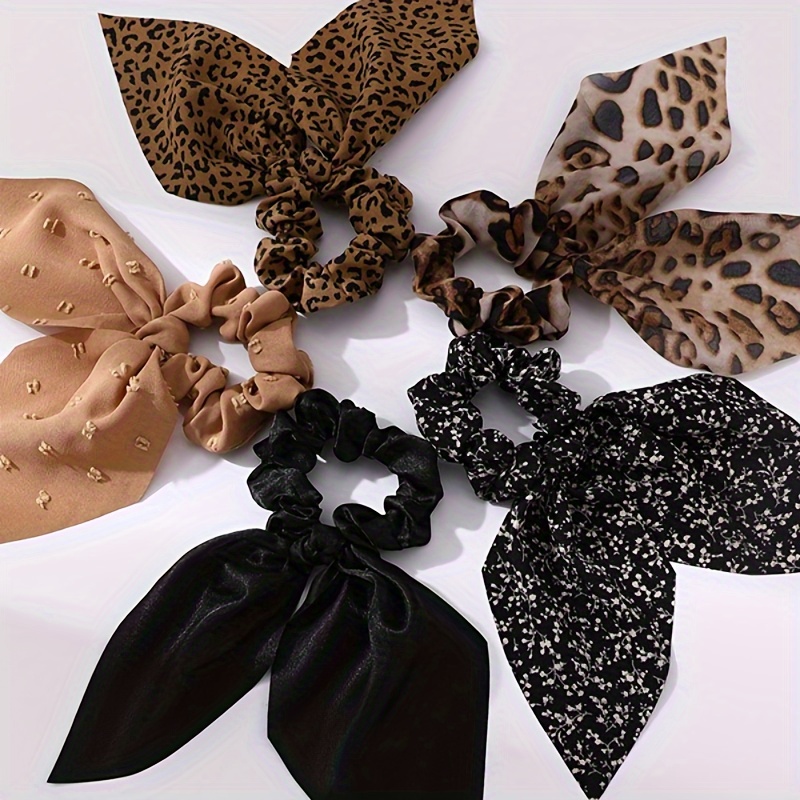 

5/6 Pcs/set Vintage Leopard Flower Printed Bow Hair Scrunchies Hair Ties Bobbles Elastic Hair Ties Ropes Ponytail Holder Hair Accessories For Women