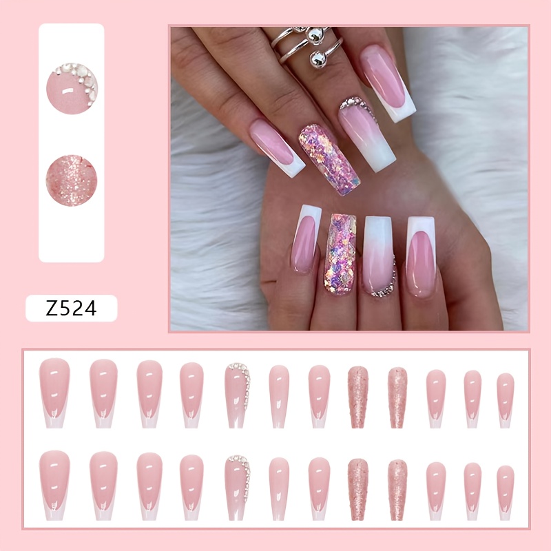 Y2k Medium Coffin Press On Nails Glossy Pink Ballerina Acrylic Nails ...