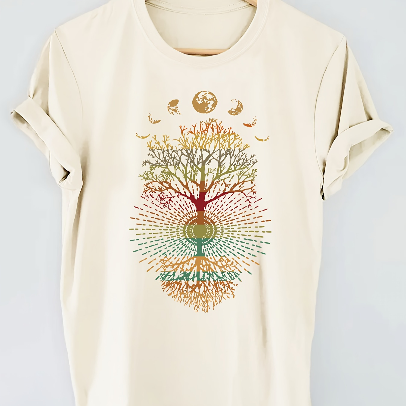 

Moon & Plant Graphic Print T-shirt, Short Sleeve Crew Neck Casual Top For Summer & Spring, Women's Clothing