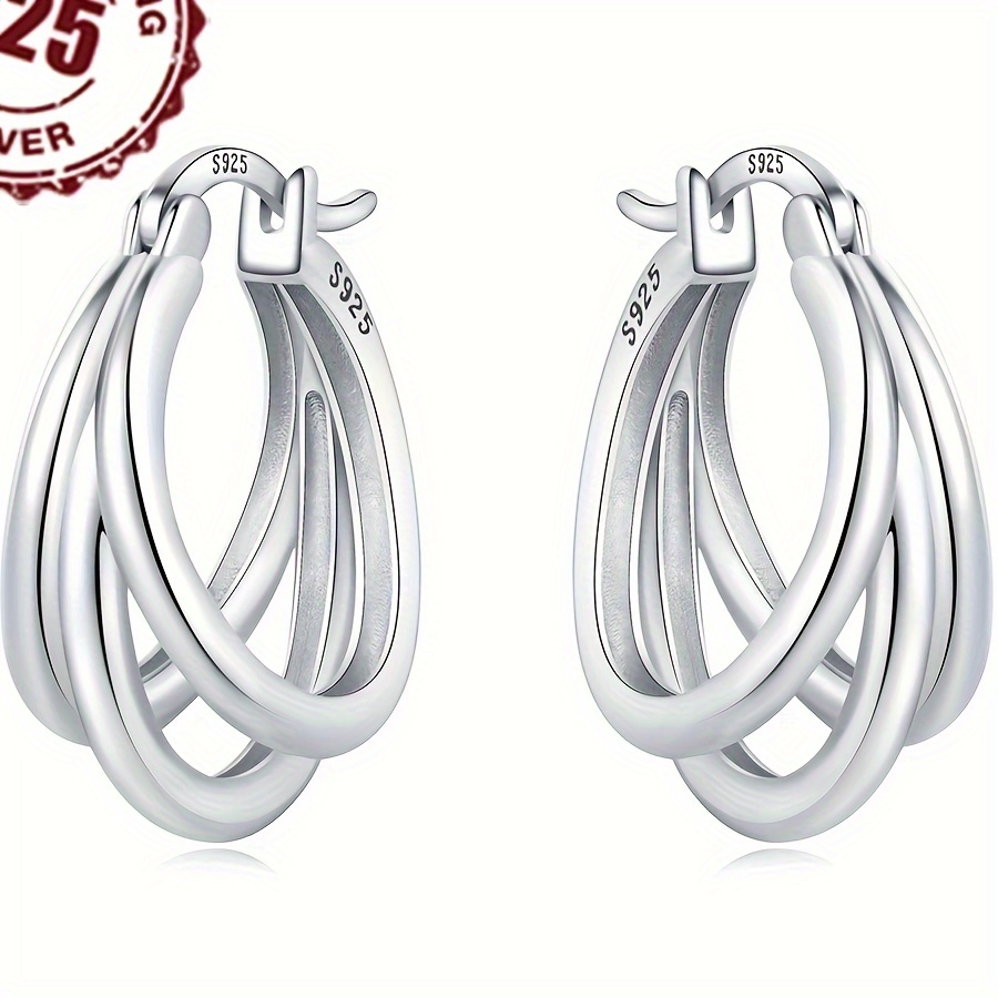 

925 Sterling Silver Triple Hoop Earrings For Women, Elegant & , Fashion Jewelry For Daily & Vacation Wear, No Plating, Pure Silver Ear Needle, For All