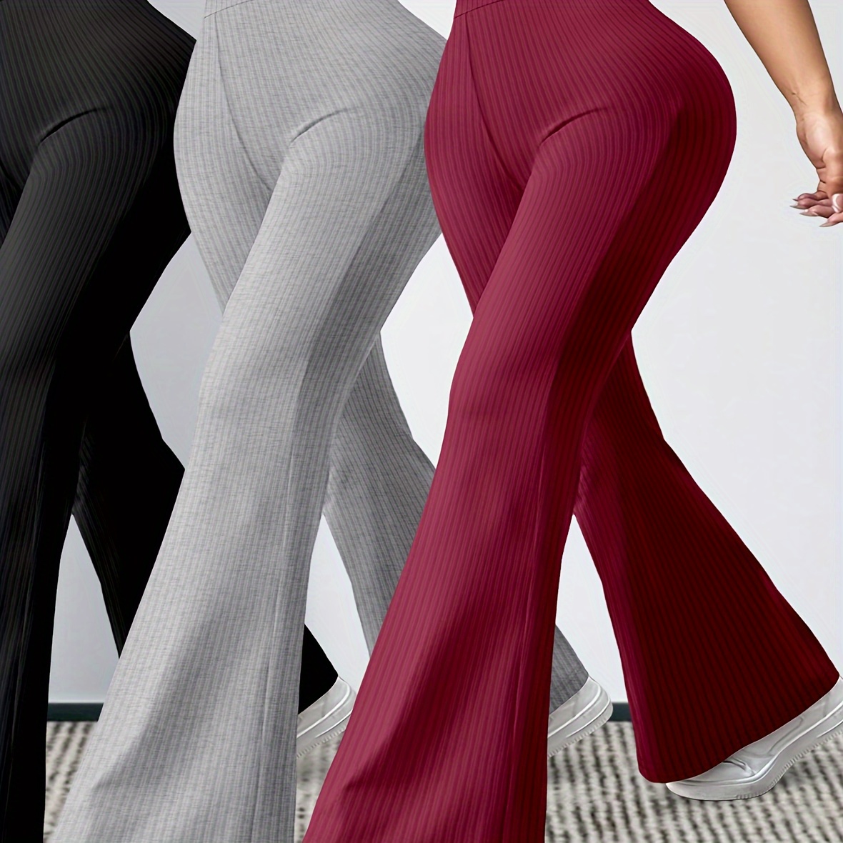 

3-pack K11 High-waisted Slimming Flared Pants For Women, Knitted Stretch Fabric, Solid Color, Polyester, Elegant Style, , Adult Fit