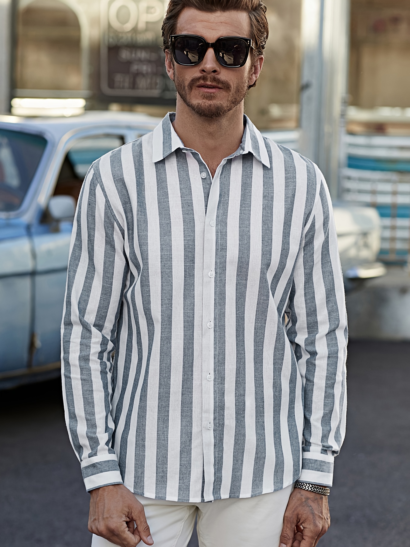 Men's Striped Button Up Shirt Men's Fashion Casual Striped Linen