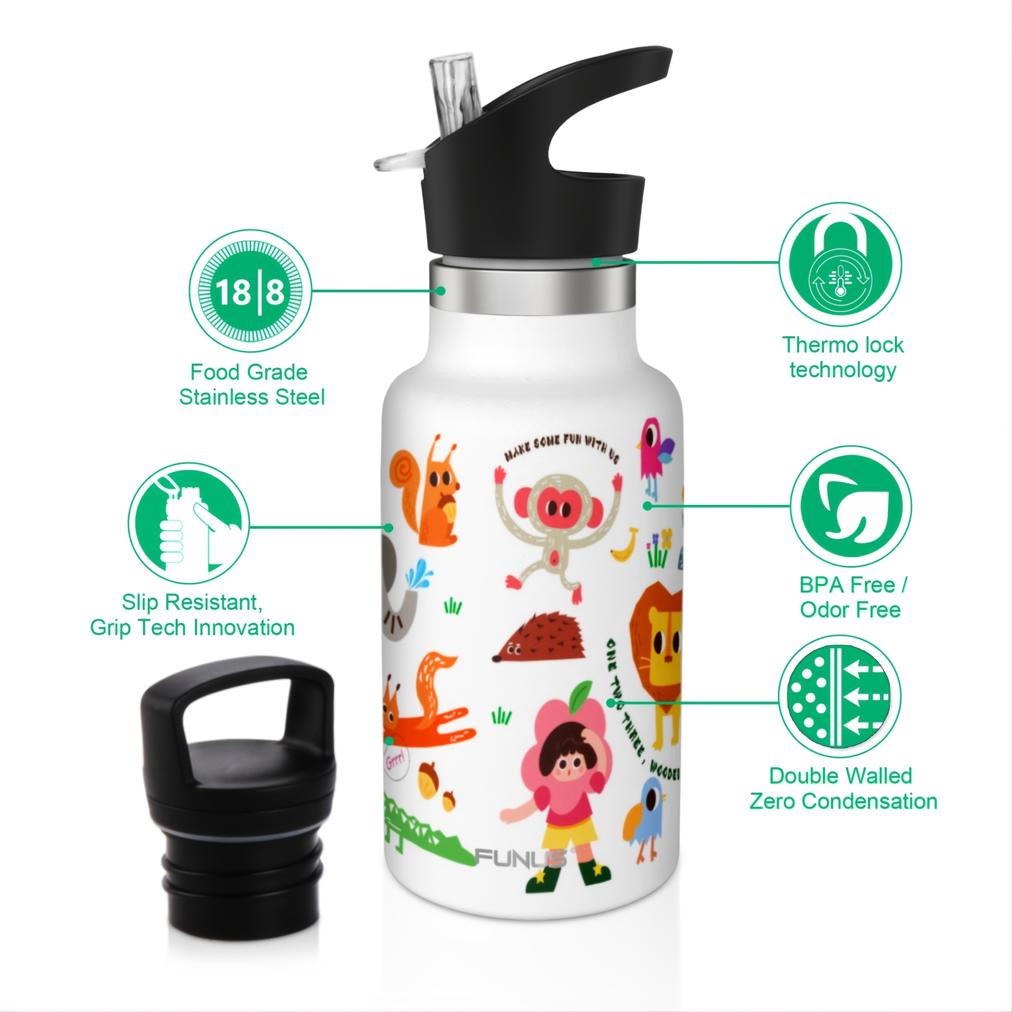 Boz Kids Water Bottle for School with Straw Lid, Stainless Steel Insulated Water Bottle for Kids, Toddler Water Bottle, Leak Proof Water Bottle for