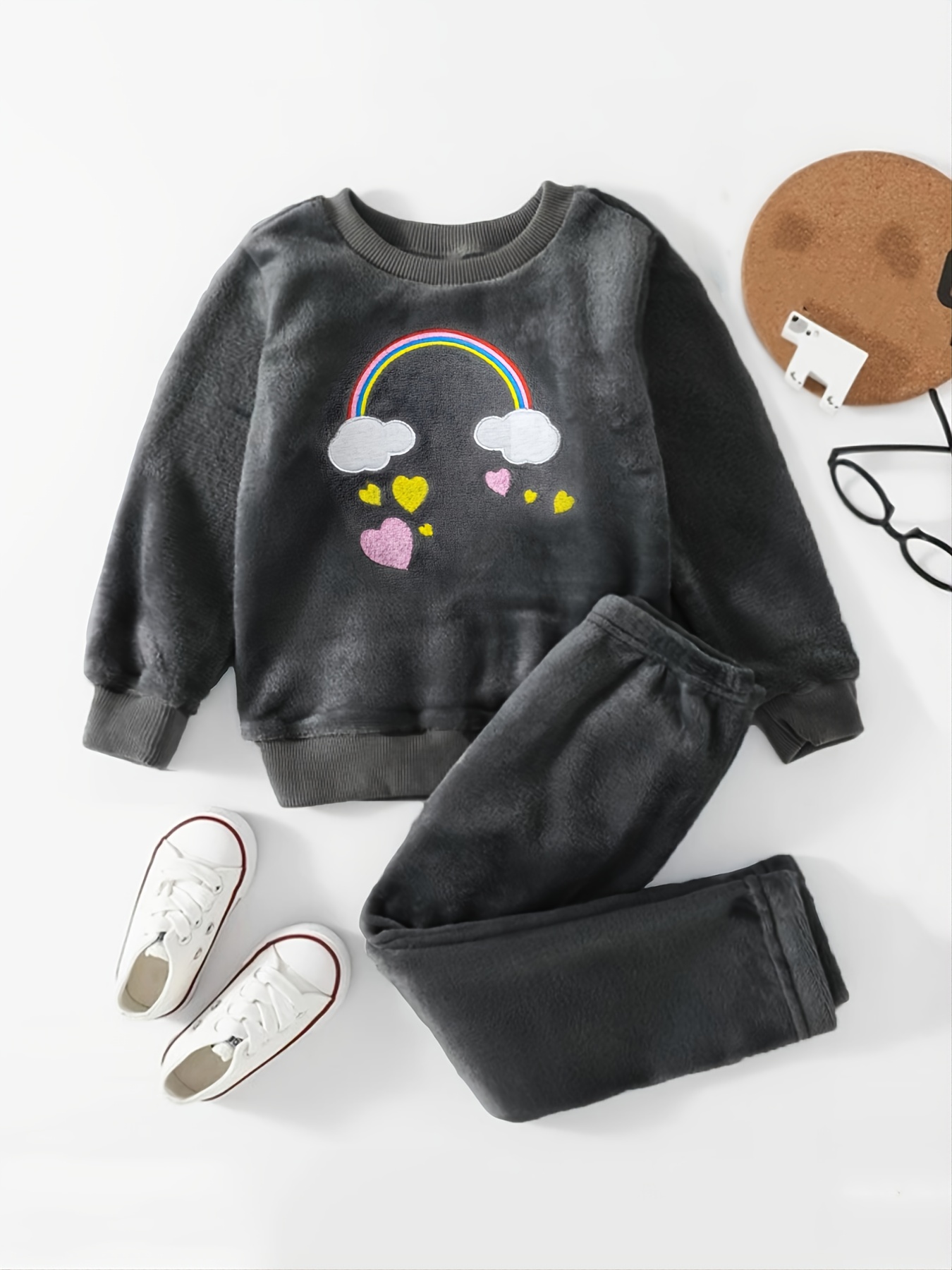 Solid Rainbow Embroidery Crew Neck Pullover + Pants Set - Temu