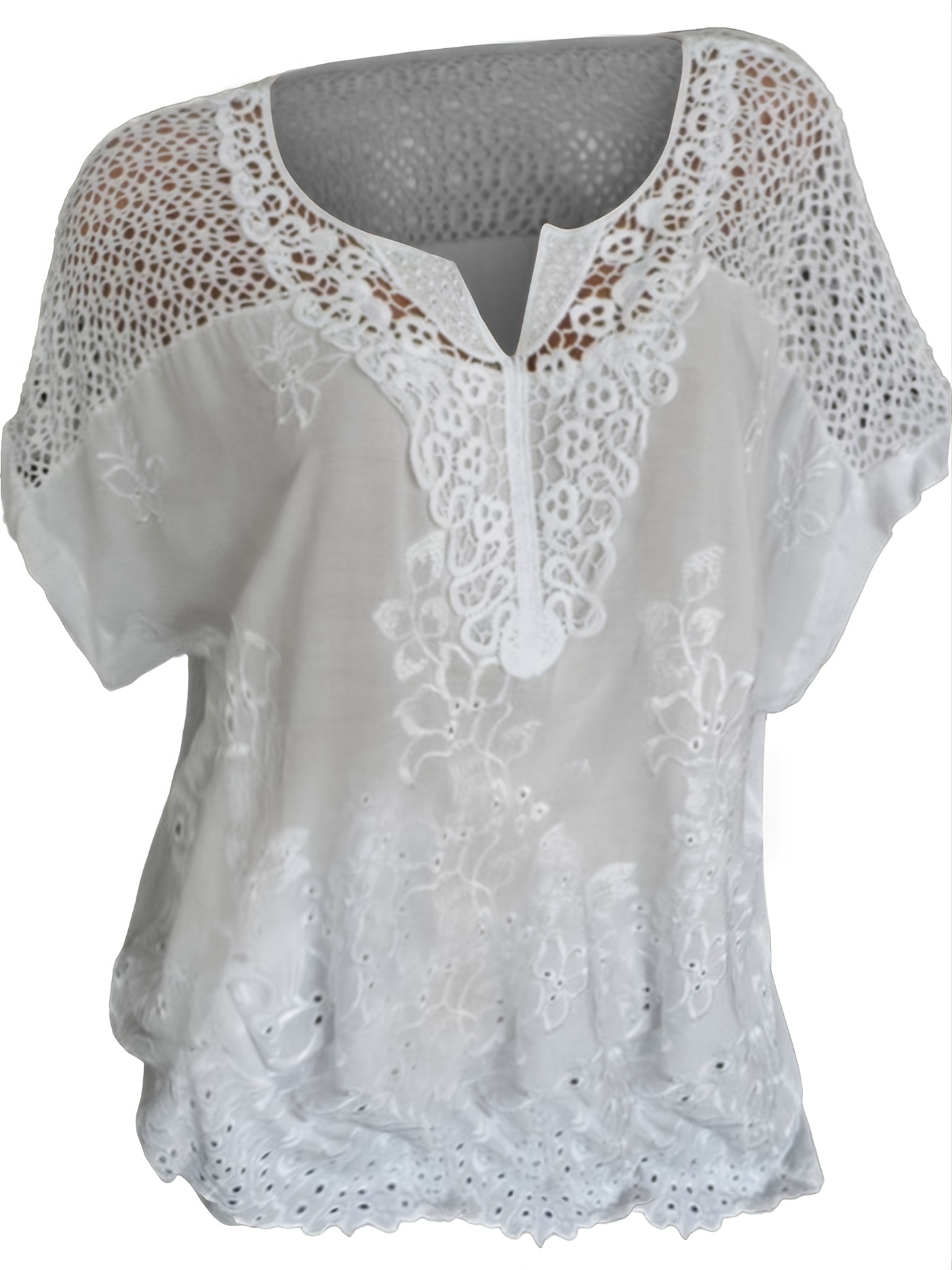 Embroidered Mesh Loose Blouses Vintage Crew Neck Long Sleeve - Temu
