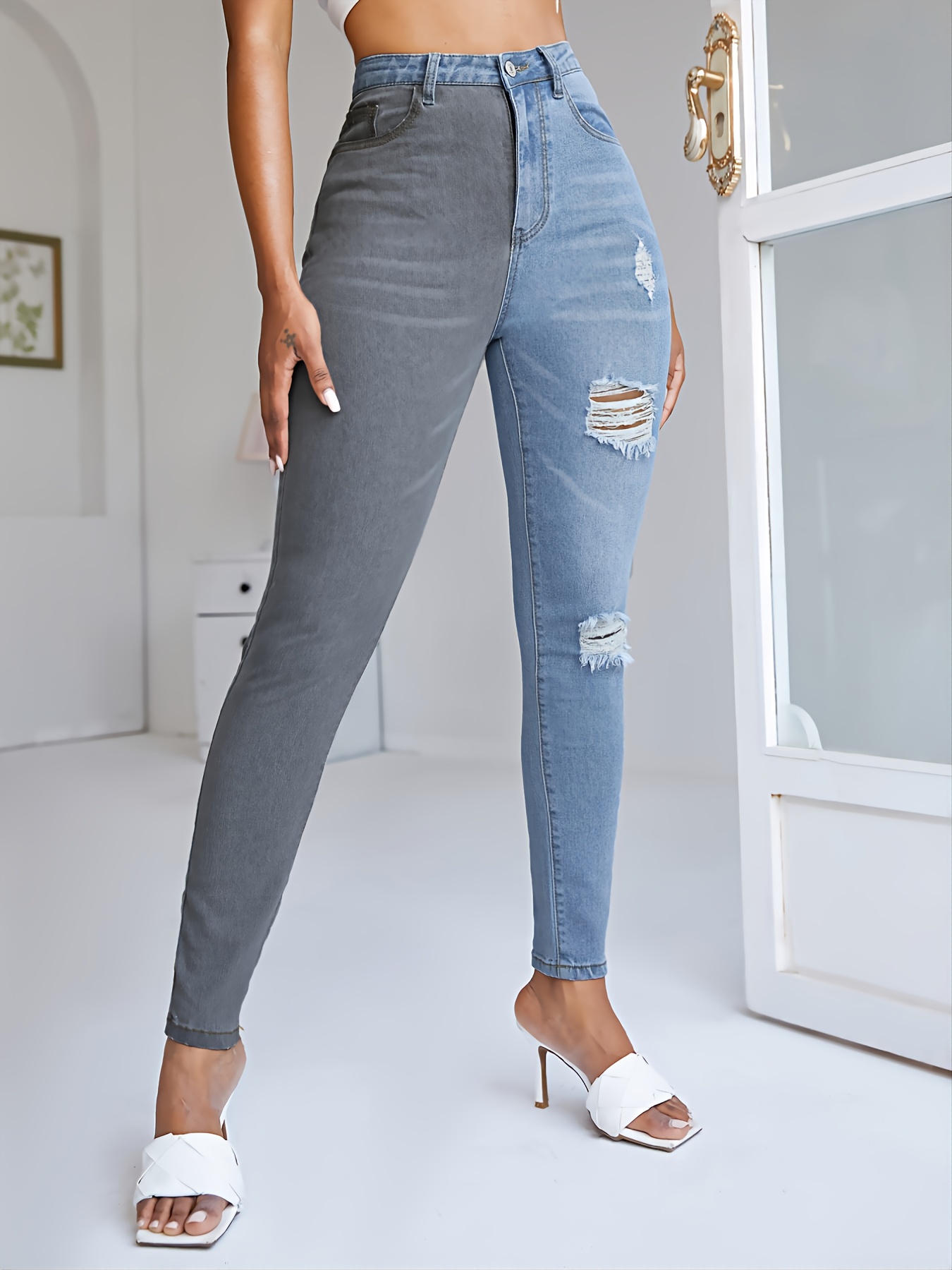 High Waist Two Tone Jeans Without Belt | SHEIN UK