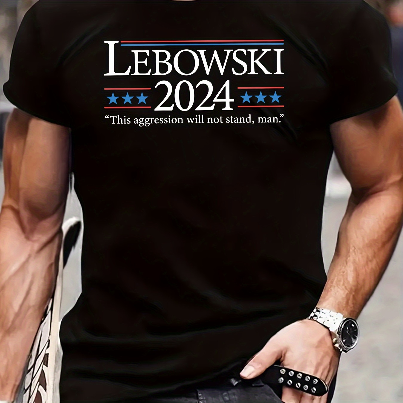 

Lebowski 2024 Print Men's Crew Neck T-shirt, Short Sleeve Comfy Versatile Tee Tops, Summer Casual Clothing