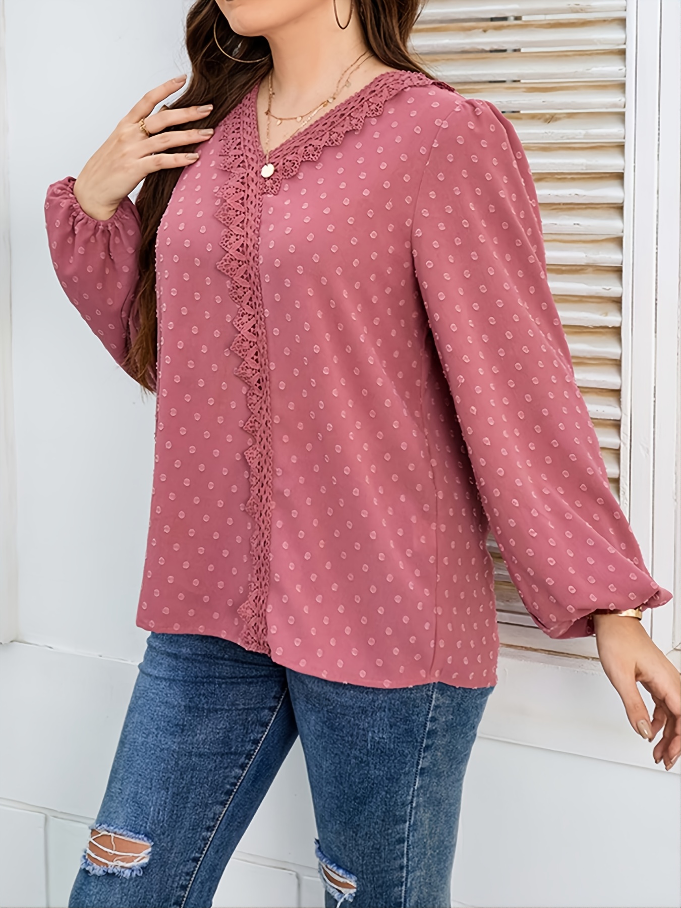 Ruffle Trim Solid Blouse Elegant V Neck Lantern Sleeve - Temu