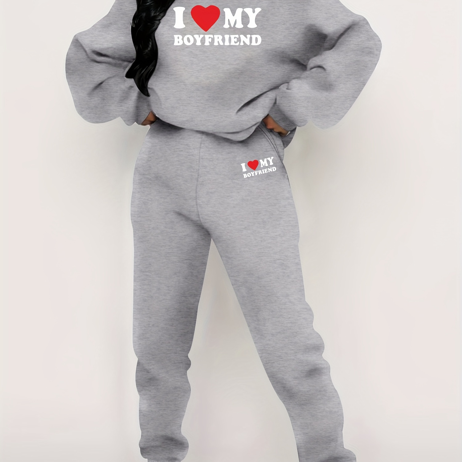 

i Love My Boyfriend" Graphic Print Polyester Sweatsuit For Women - Casual Knit Fabric Tracksuit With Long Sleeve Crew Neck Sweatshirt & Jogger Pants, Fall/winter Season, With Pockets