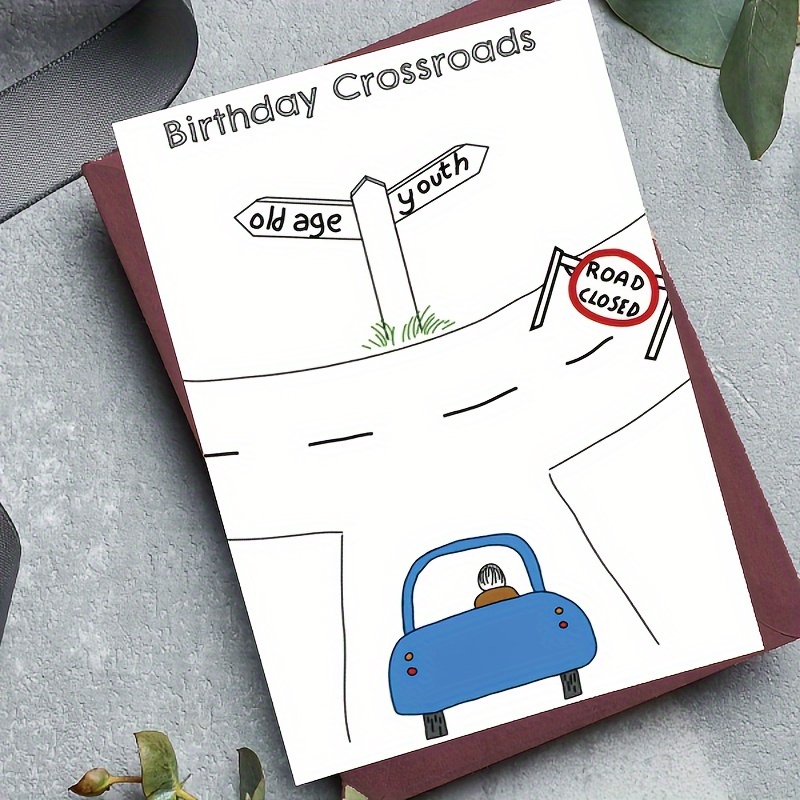 

5pcs Greeting Cards A Blue Car At The Intersection Of A Highway, With A Signboard Reading "old Era Youth", Suitable For Giving To Family And Friends Eid Al-adha Mubarak
