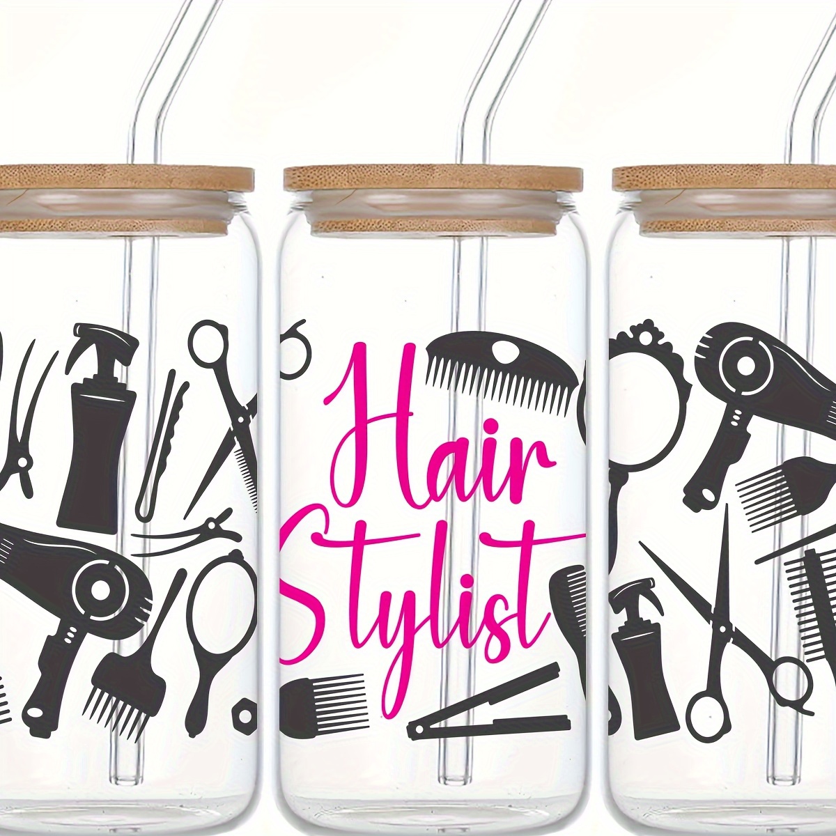 

16oz Hair Stylist Glass With Bamboo Lid & Straw - 3d Uv Print Hair Dryer, Scissors, Comb Design - Reusable, High-quality, Hand Wash Only - Gift For Her, Valentine’s Day Or Christmas