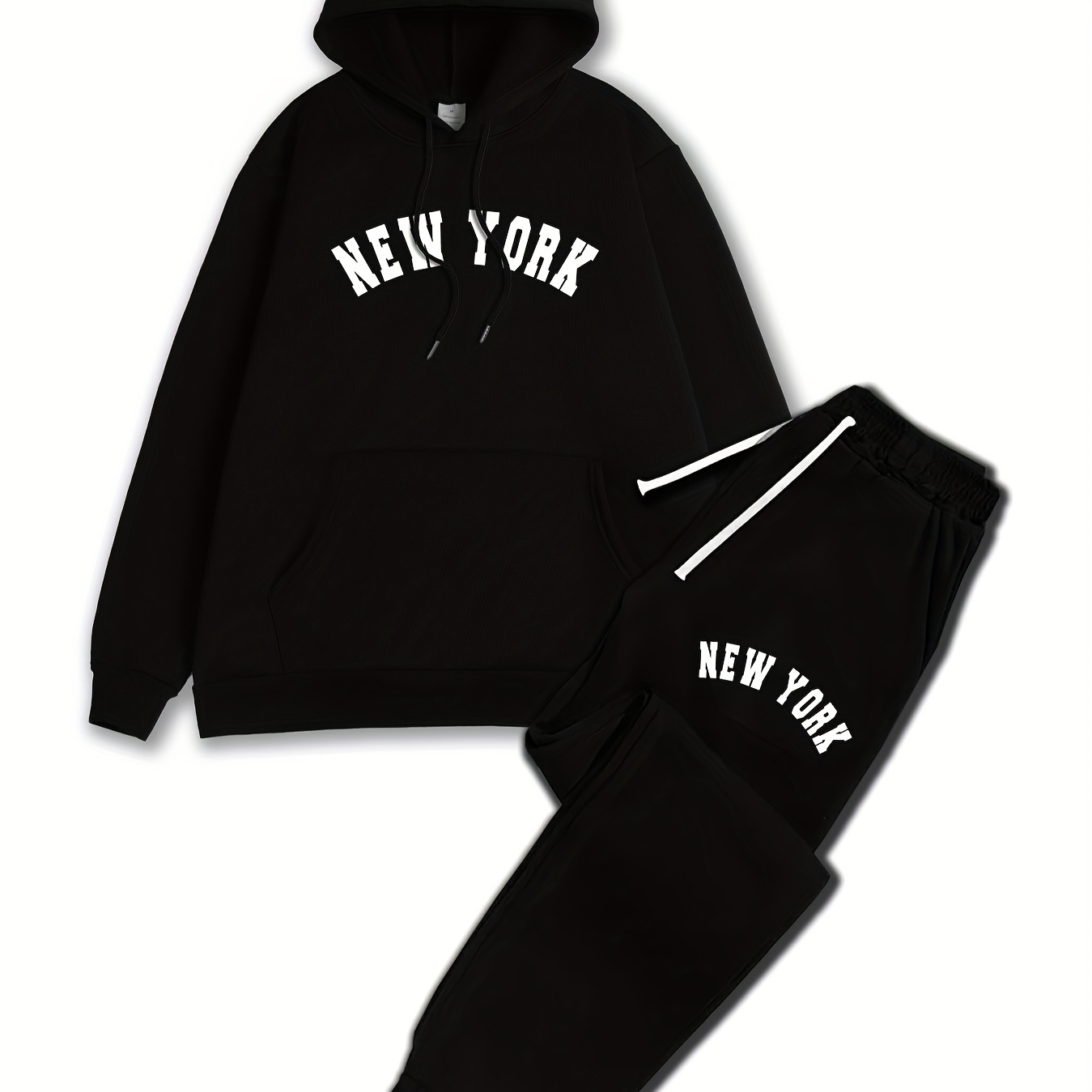 

New York City Name Print 2pcs Men's Comfortable Hoodie & Drawstring Sweatpants Co Ord Set, Versatile Street Fashion For Everyday Wear, Men's Best Fall And Winter Choice, As Gifts