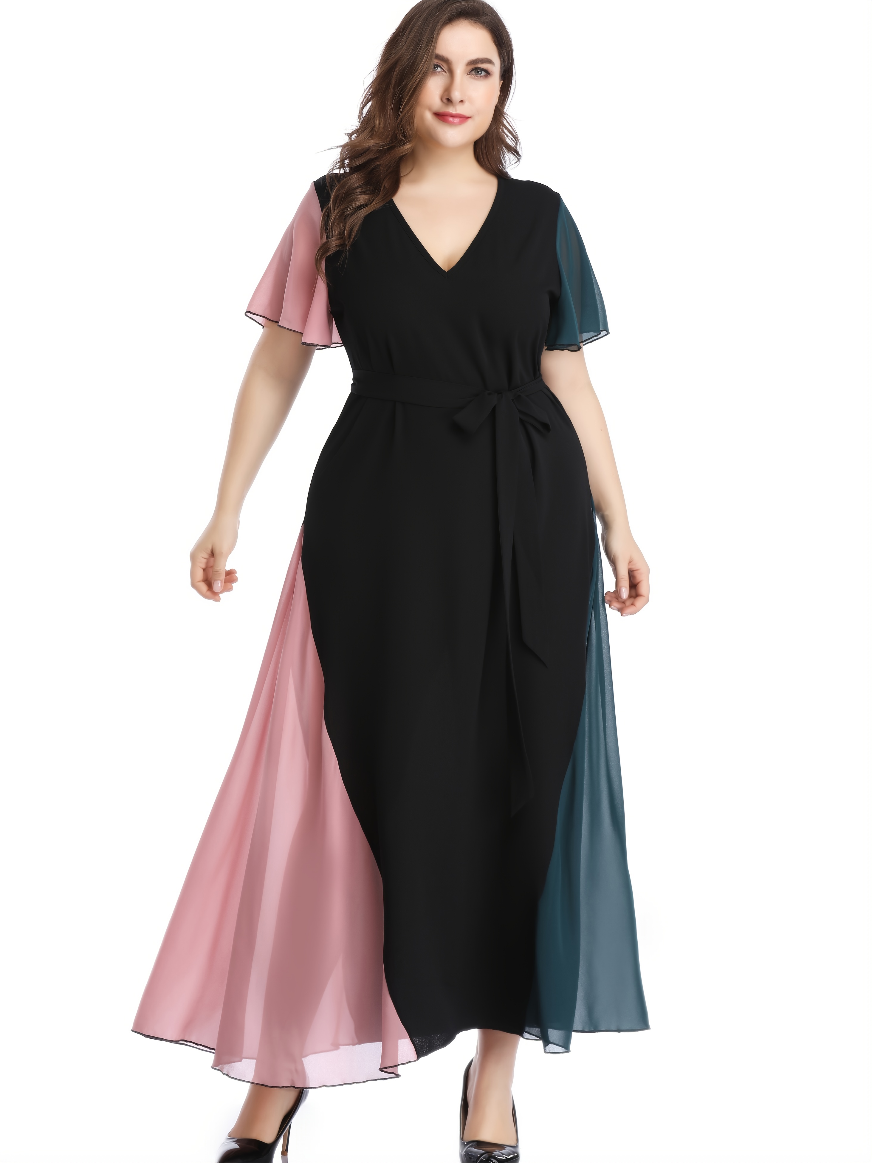 Plus Size Solid Contrast Mesh Long Sleeve Maxi Dress Womens - Temu Canada