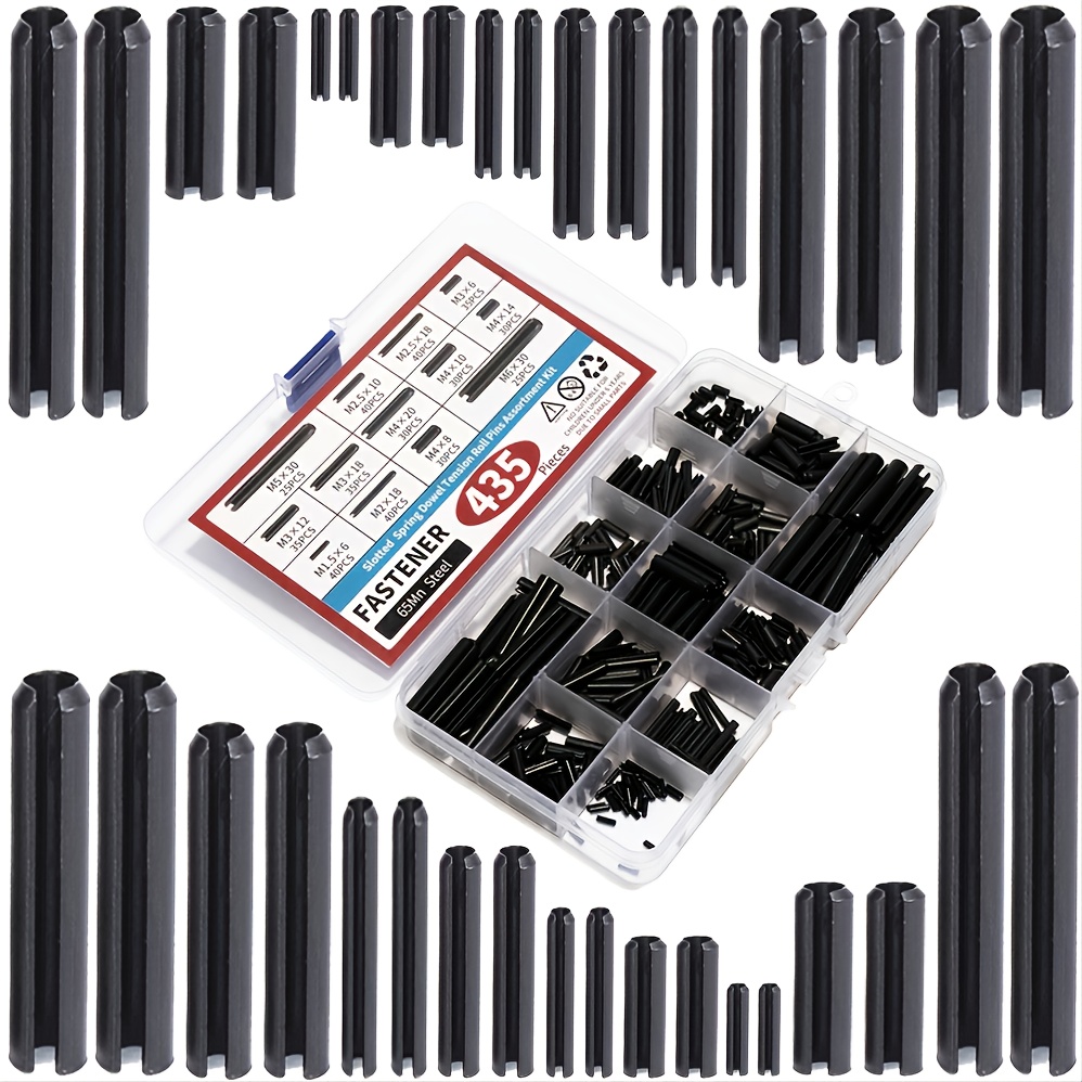 Neiko 50412A Roll Pin Assortment Set with Storage Case | 315 Pieces | SAE | Slotted Spring Steel | Black Dowel Tension Roll Pin