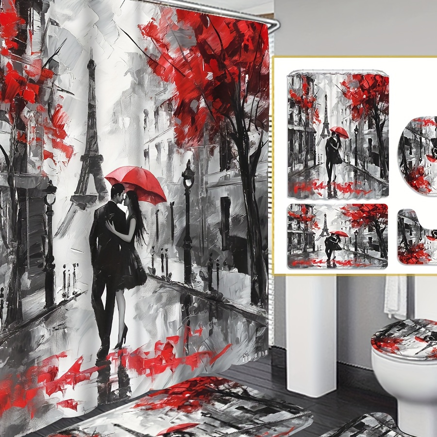 

1pc/4pcs 70.8in×70.8in Paris Eiffel Tower Couple Print Shower Curtain Set, Modern Bathroom Decor Floor Mat And Toilet Seat Cover, 12 Shower Curtain Hooks Included