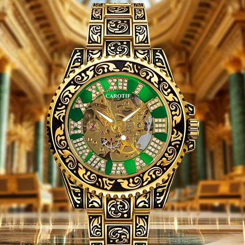 

1pcss Men's Gold Green Classical Diamond Carving Automatic Mechanical Watch