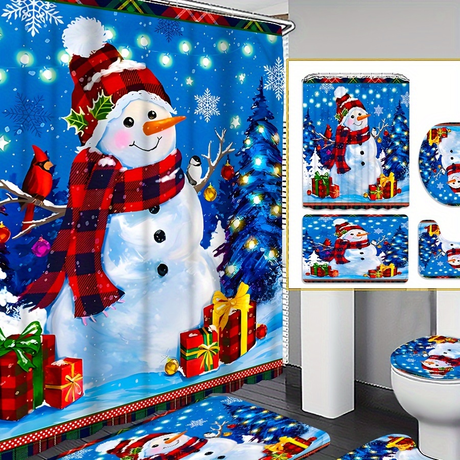 

1pc/4pc Christmas Snowman Curtain Shower Curtain Decoration, Housewarming Decoration, Shower Curtain And Mat - Set 12 Shower Curtain