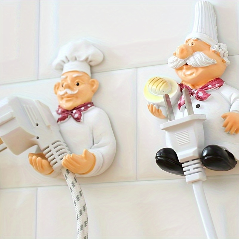 

2-piece Chef-themed Adhesive Plug Hooks - Easy Install, Wall-mounted Cord Organizer For Kitchen & Bathroom