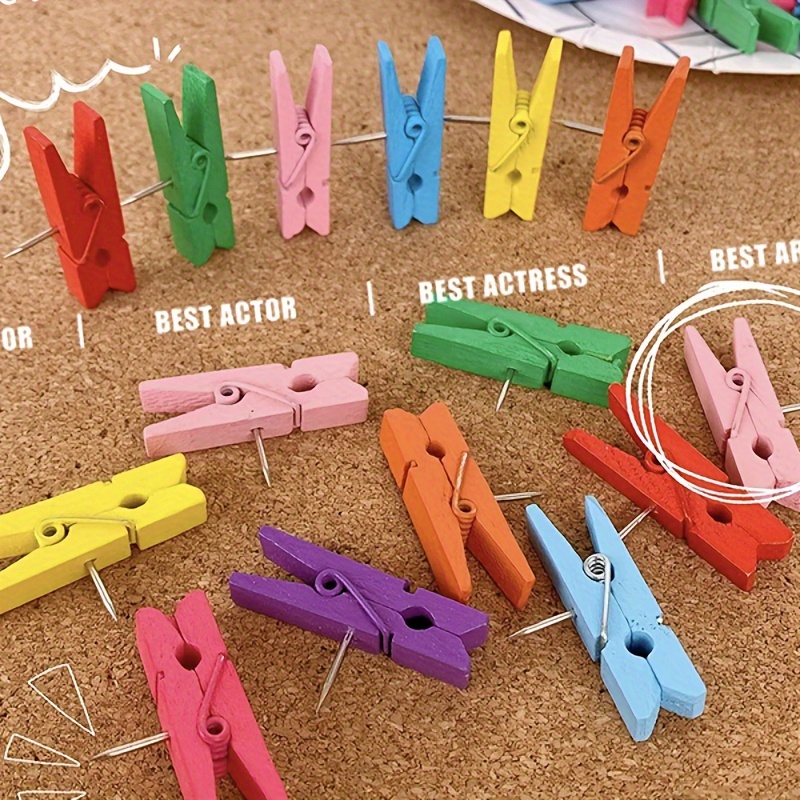 

20-piece Colorful Wooden Push Pin Clips For Photos, Cork Boards & Felt Walls - Office Stationery Essentials