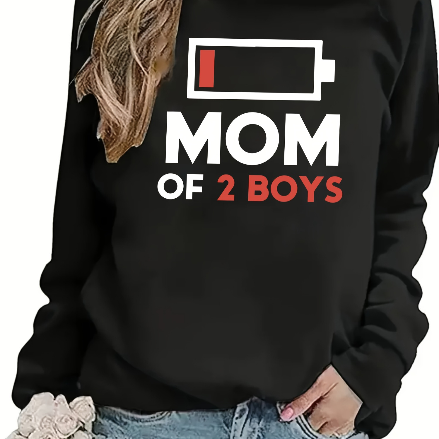 

Mom Of 2 Boys Print Pullover Sweatshirt, Casual Long Sleeve Crew Neck Sweatshirt For Fall & Winter, Women's Clothing