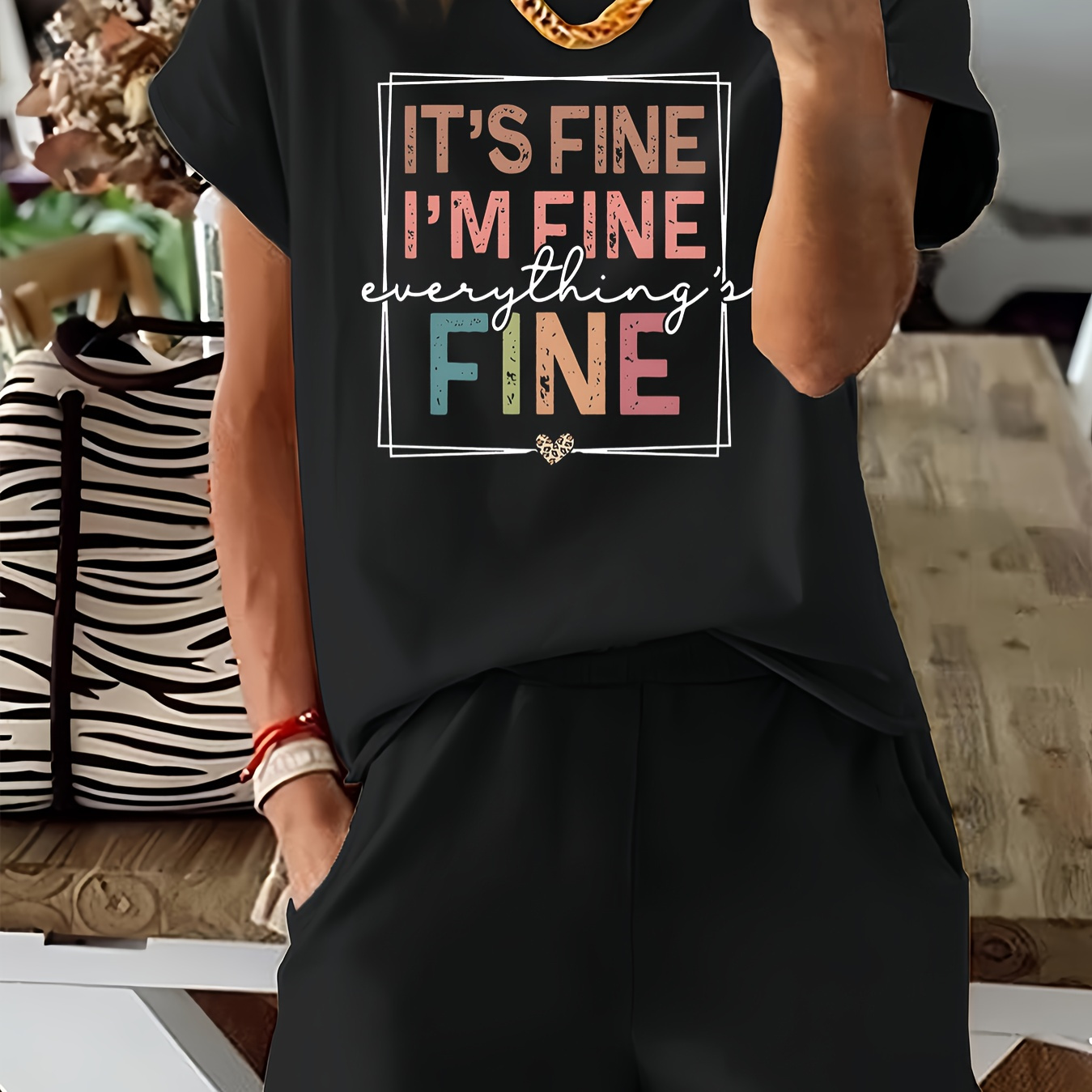 

Women's " Fine , " Letter Two-piece Set - Crew Neck Short Sleeve T-shirt & Waist Shorts In , Stretchy Polyester , Machine Washable