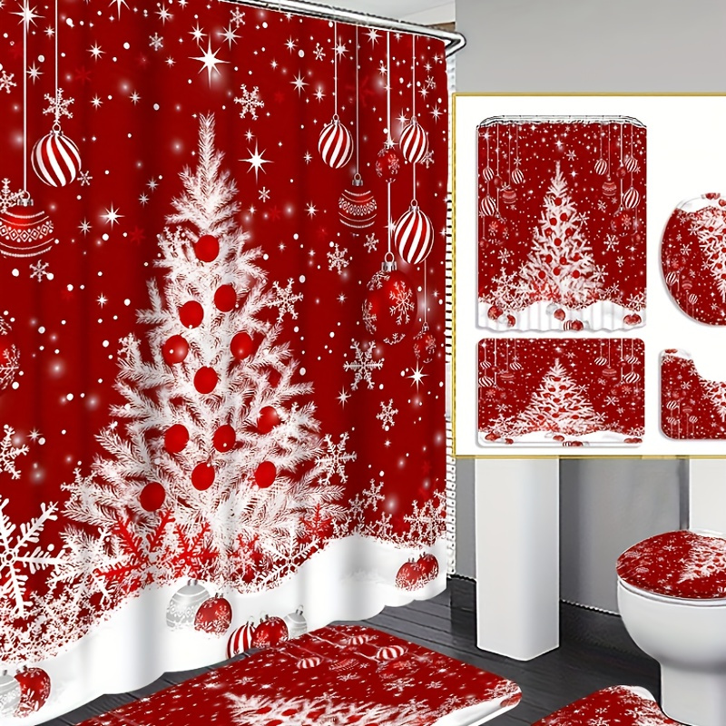 

4pcs Christmas Snowflake Christmas Tree Shower Decoration, Beautiful Housewarming Gift Modern Home Decoration, Waterproof Shower And Toilet Floor Mat 3-piece Set With 12 Shower Hooks