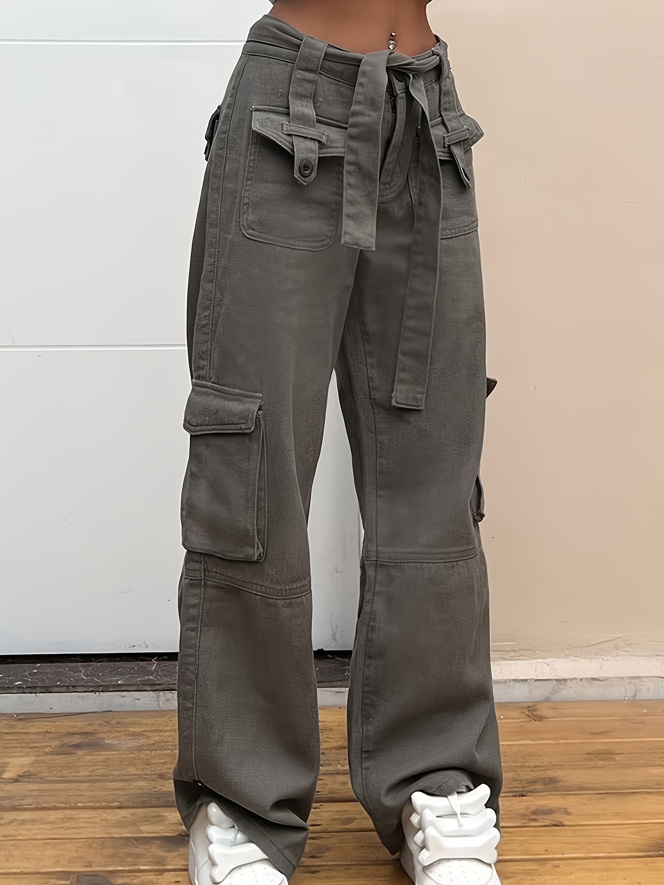 *-* Dark Gray Cargo Pants, Relaxed Fit Loose Straight Leg Cargo Style Jeans  With Pockets, Y2K Kpop Vintage Style, Women's Clothing & Denim