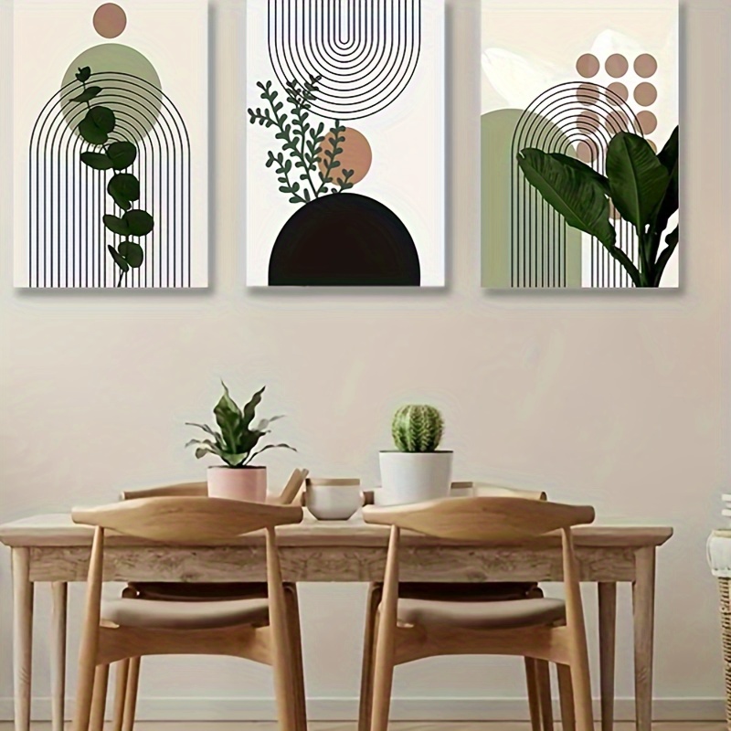 

3pcs Frameless Boho Abstract Green Plants Leaf Vase Sun Lines Wall Art Canvas Painting Posters And Prints Pictures For Living Room Decor No Frame
