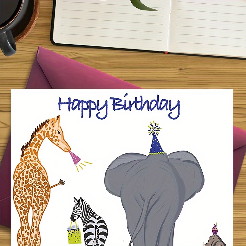 

1pc, Greeting Card The Giraffe, Zebra, And Elephant In The Picture Are All Prepared For This Special Day, Which Is A Scene Full Of Joy And Blessings. Cards Suitable For Giving To Family And Friends.