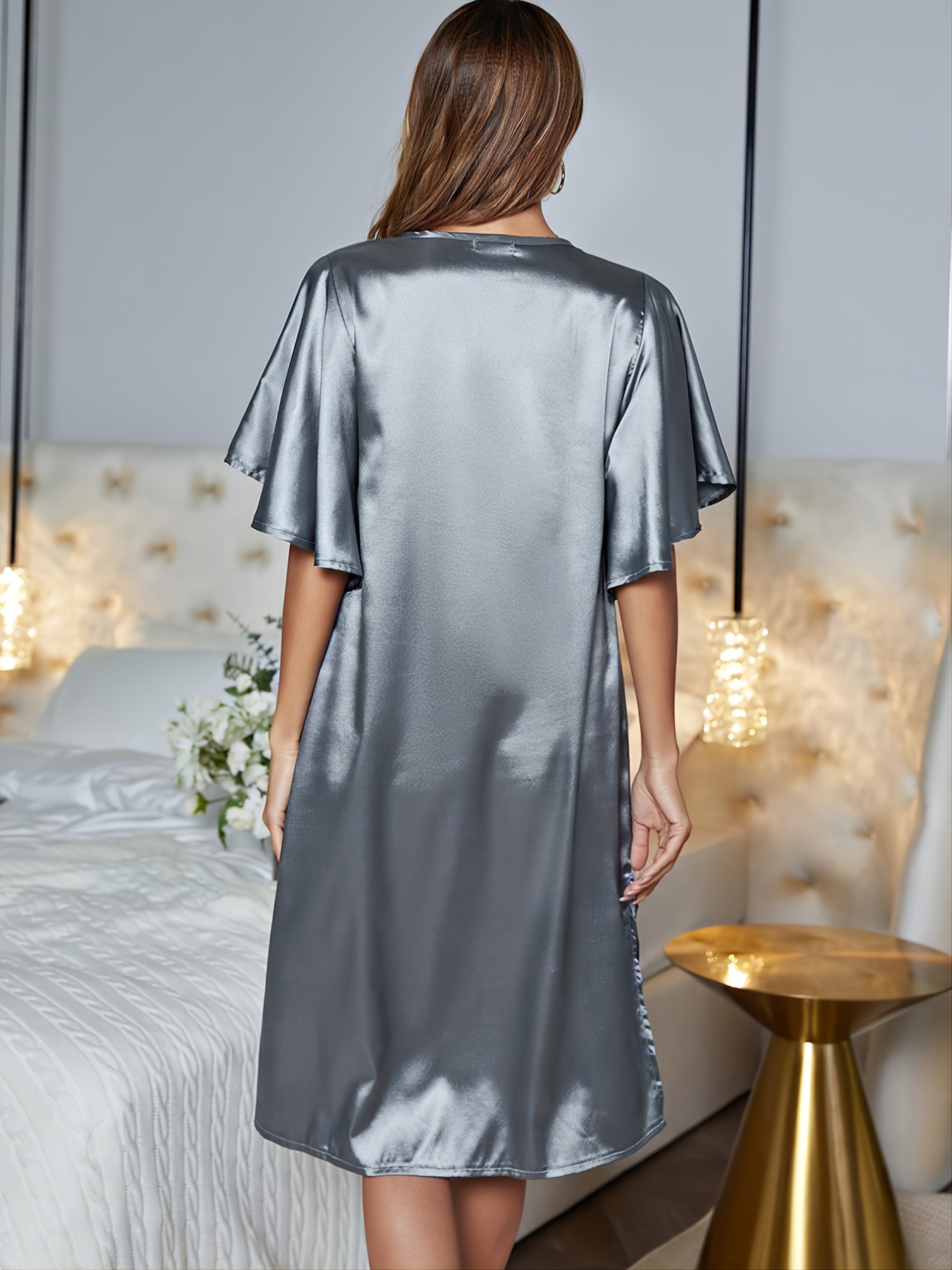 Women's Satin Nightgowns Short Sleeve Sleepwear V Neck - Temu