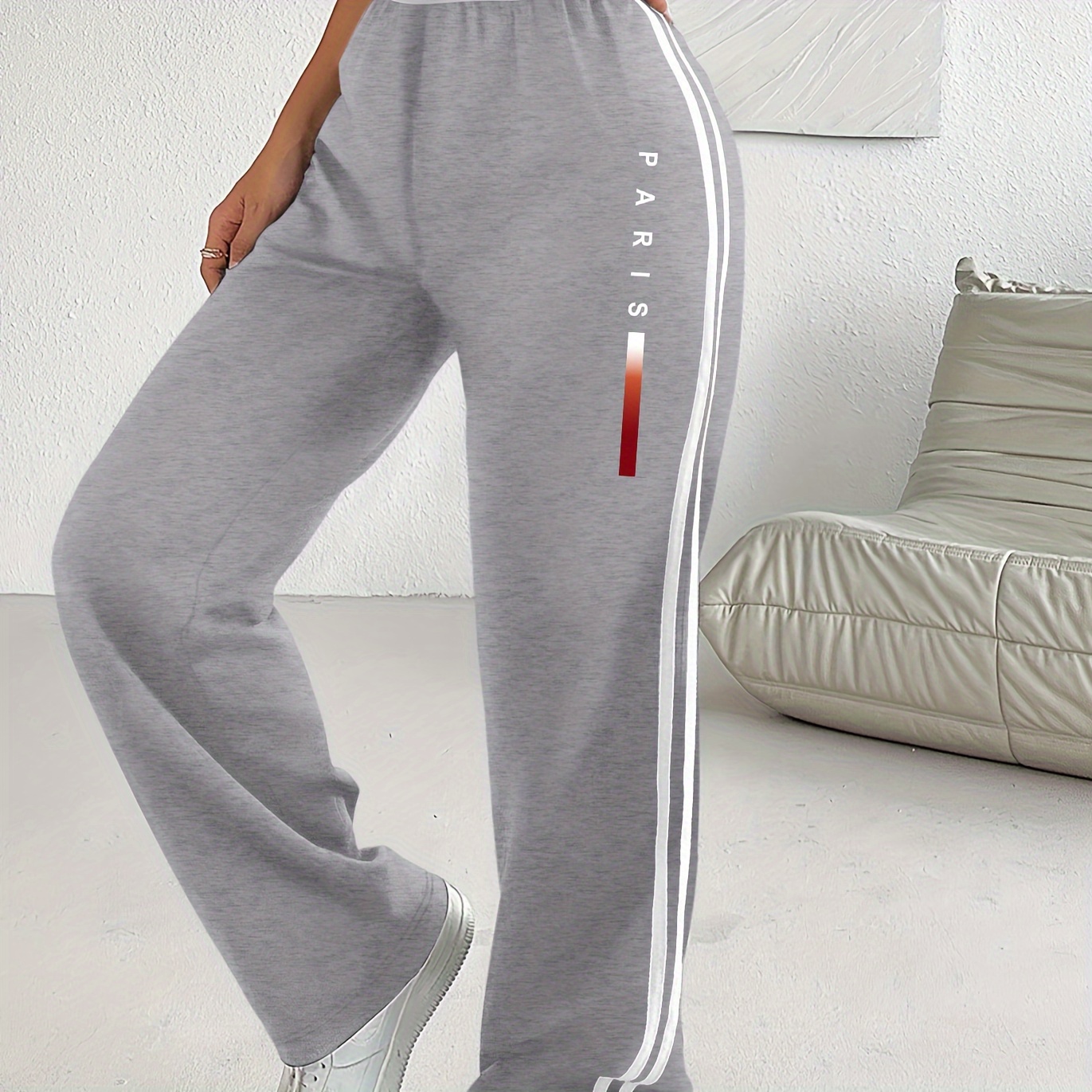 

Women's High-waist Casual Pants With Paris Letter Print, Striped Wide-leg Sports Sweatpants, Breathable Polyester Fabric - Machine Washable