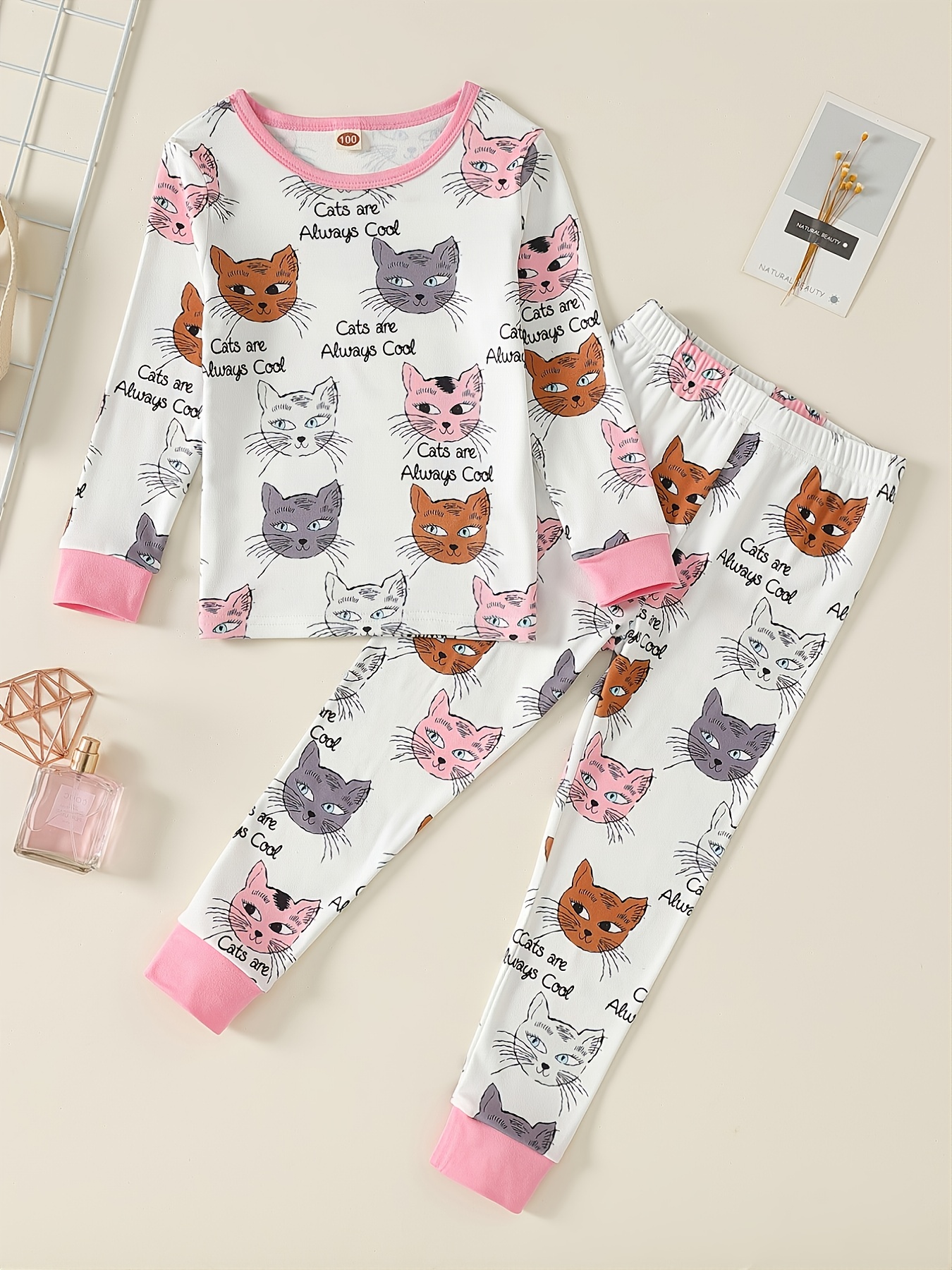 Pzuqiu Cute Cats Kid Pjs Girl 9-10 Years Old Pajamas Top and Pants