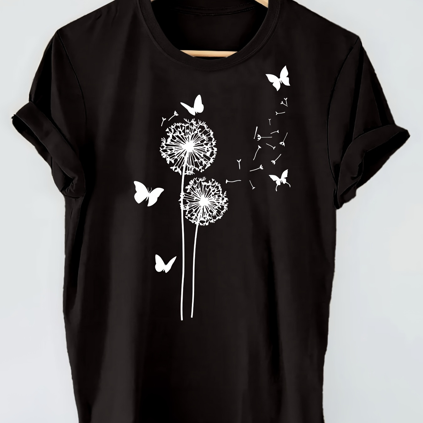 

Dandelion & Butterfly Print T-shirt, Short Sleeve Crew Neck Casual Top For Summer & Spring, Women's Clothing