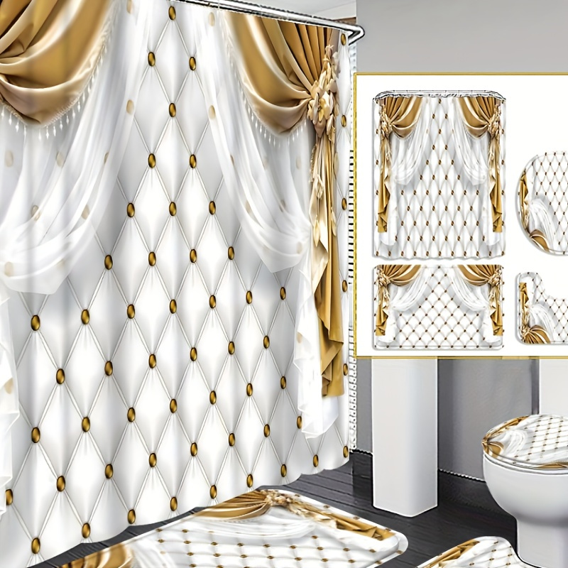 

4pcs White Gold Lace Curtain Shower Curtain Decoration, Beautiful Housewarming Gift, Modern Home Decoration, Waterproof Shower Curtain And Toilet Floor Mat 3 Piece Set With 12 Shower Curtain Hooks