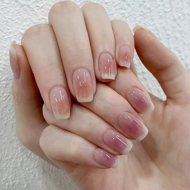 Gradient Nude Press On Nails Short Square French Tip Acrylic Nails Press On  Glossy False Nails Stick On Nails For Women | Free Shipping For New Users |  Temu