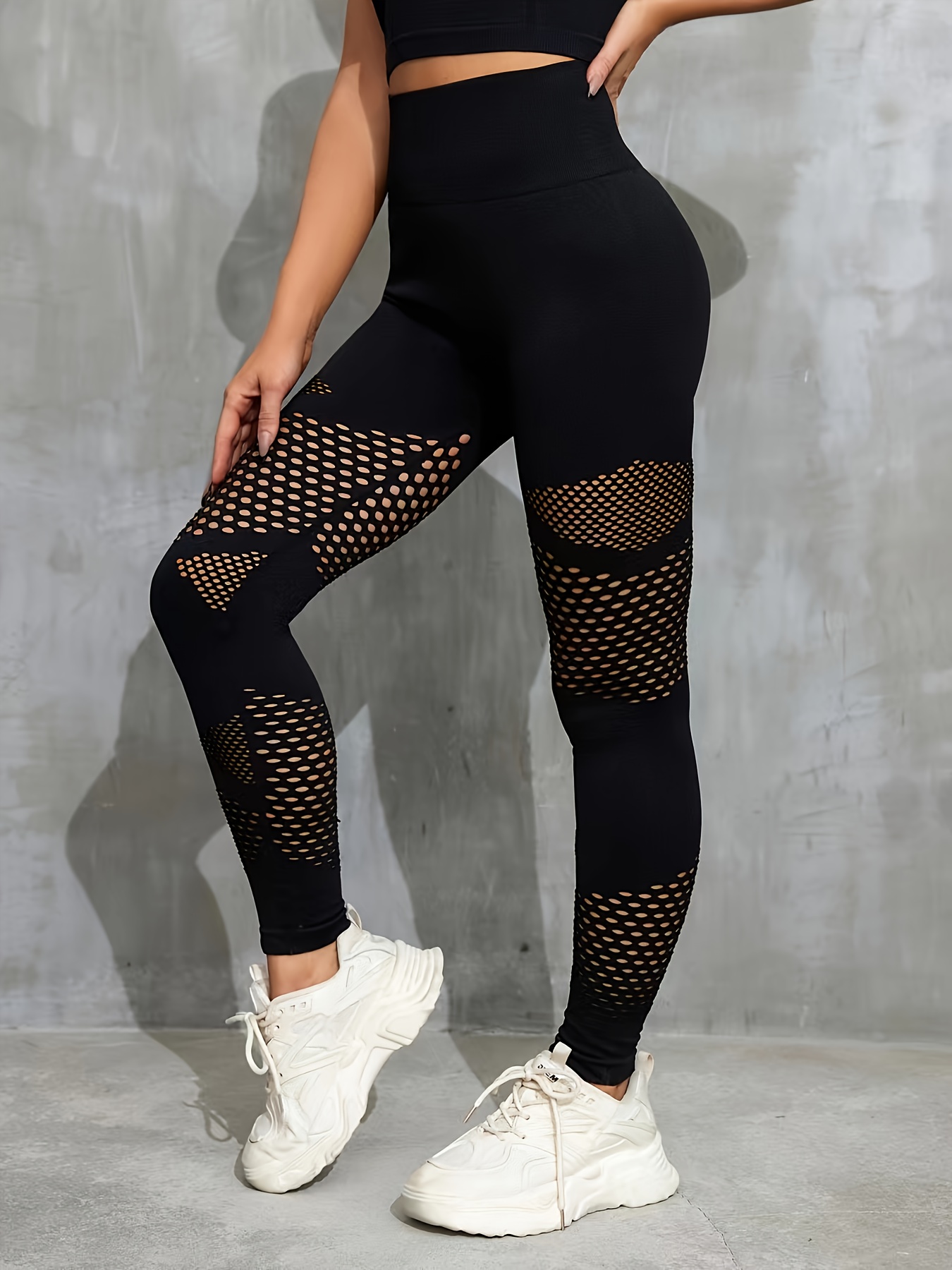 Workout Yoga Mesh Cut Out Leggings, Solid Color High Waisted Fitness Yoga  Pants