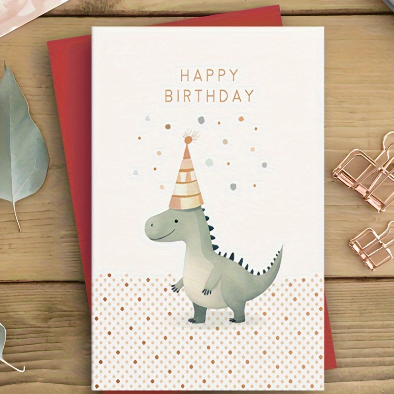 

Dinosaur Birthday Card With Party Hat - Green Dino Design, Anyone & Family, Includes And Decorative Accessories, Dinosaur Toys