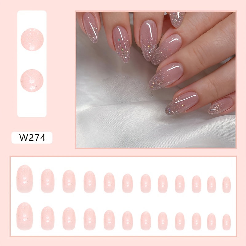 Short Oval Press On Nails Round Fake Nails Glossy Glue On Nails Pink ...