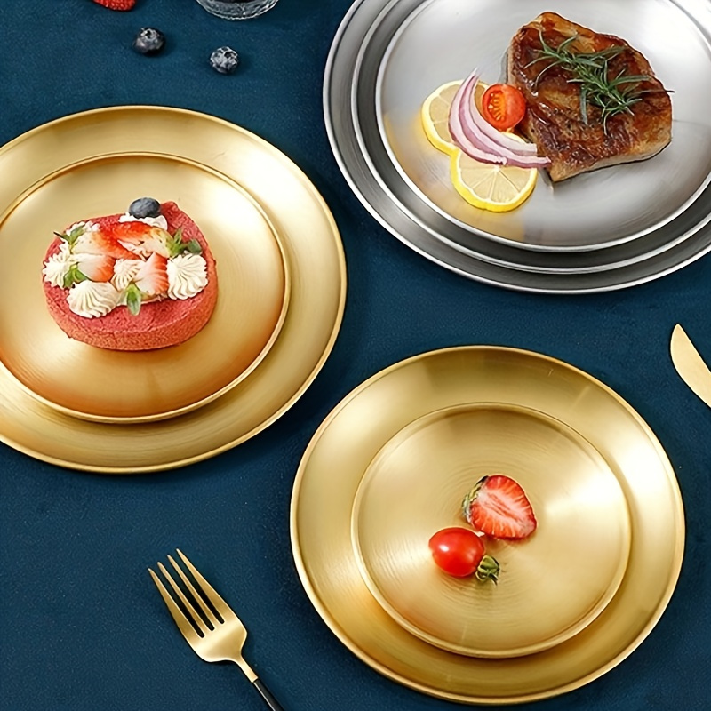 

1pc, Dinner Plate, Stainless Steel Fruit Plate, Meat Plate, Cake Plate, Dessert Plate, Round Plate, Metal Bone Spit Plate, For Kitchen Restaurant Party, Tableware