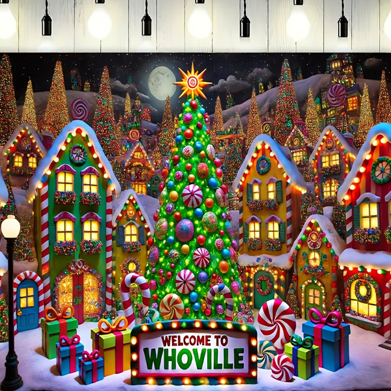 

1pc, 7ft X 5ft Polyester Christmas Backdrop Cloth, Classic Scene With Whoville, Machine Washable, Low Temperature Iron, No Electricity Needed, Family & Holiday Photos