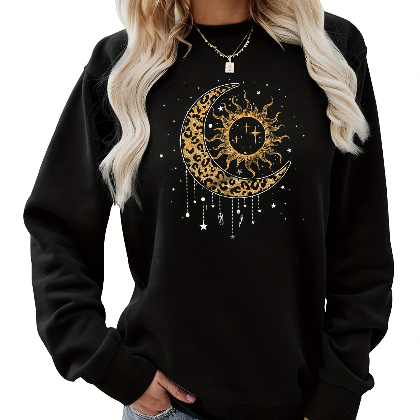 

Women's Crew Neck Celestial Sun And Moon Print Casual Sweatshirt - Polyester Blend Long Sleeve Pullover With Slight Stretch, Geometric Pattern, Knit Fabric For Fall/winter