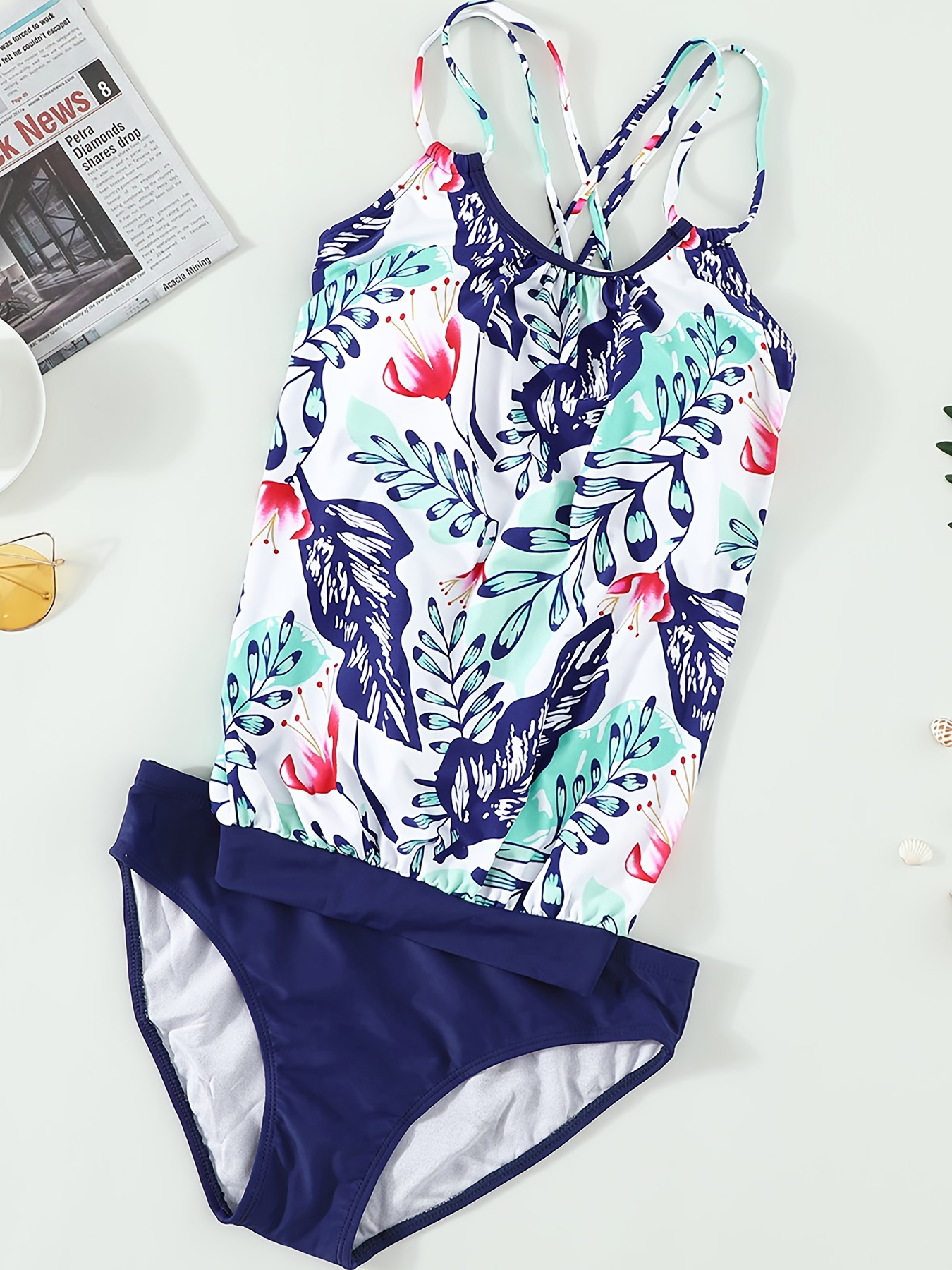 Ruched Cross Tankini & 2 Piece Set Beachwear Women's Swimwear